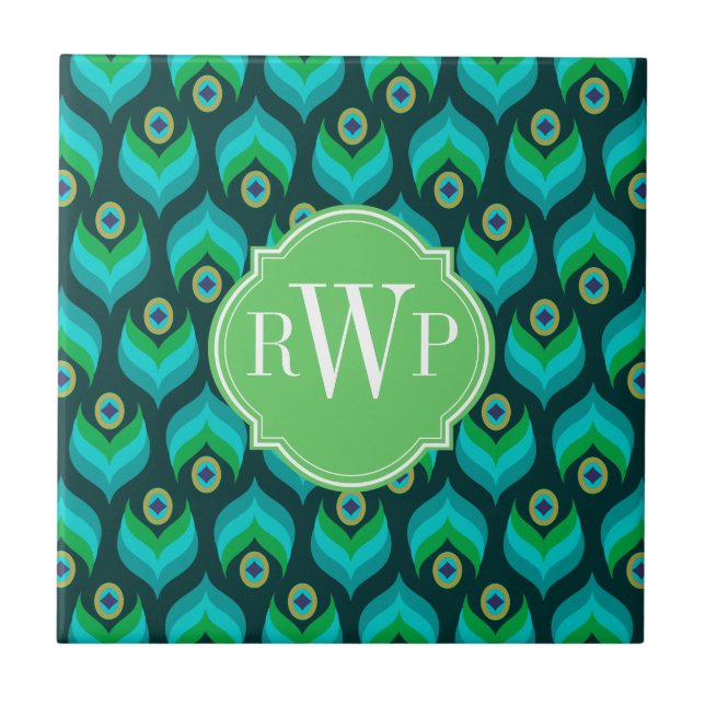 Personligen Peacock Feather Mönster Monogram Kakelplatta (Framsidan)