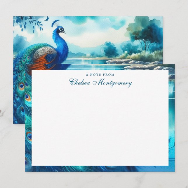 Personligen Peacock Watercolor Painting Art Anteckningskort (Fram/baksida)