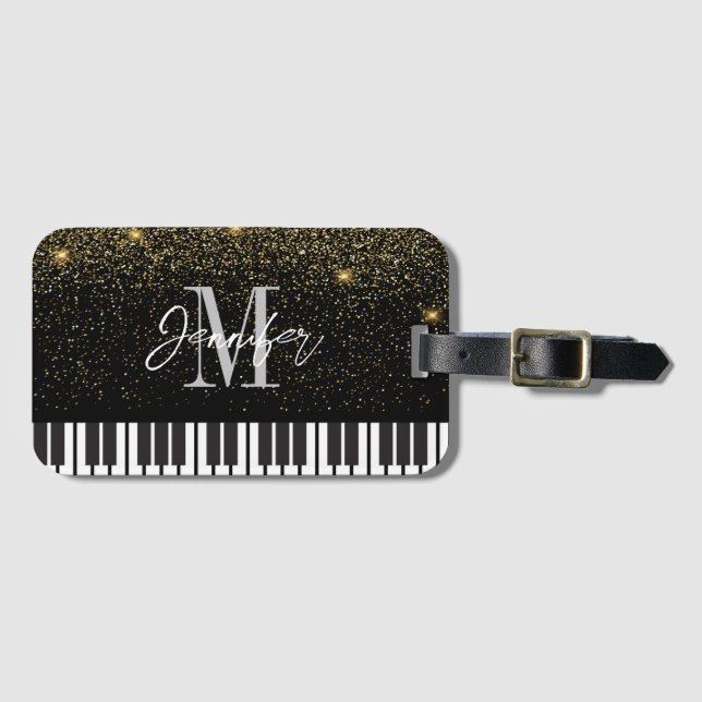 Personligen Piano Glitter Guld Monogram Namn Bagagebricka (Framsida horisontal)