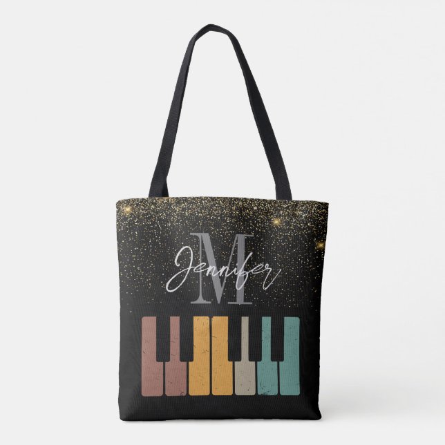 Personligen Piano Glitter Guld Monogram Namn Tygkasse (Baksida)