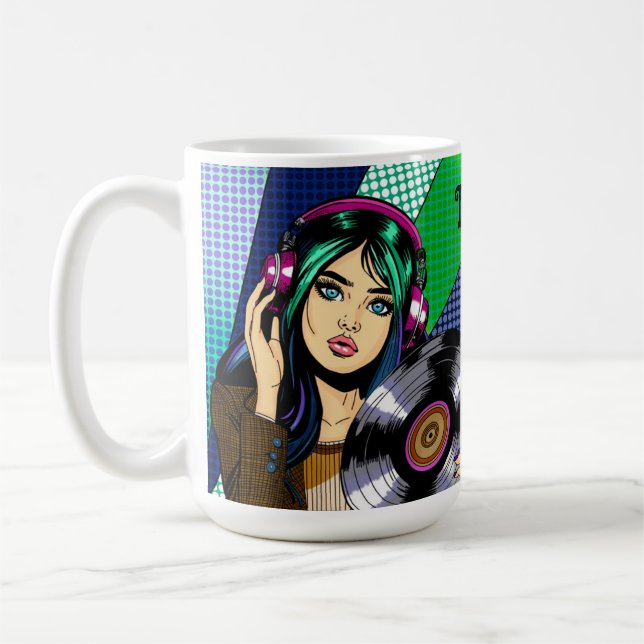 Personligen Pop Art Girl with Record Kaffemugg (Vänster)