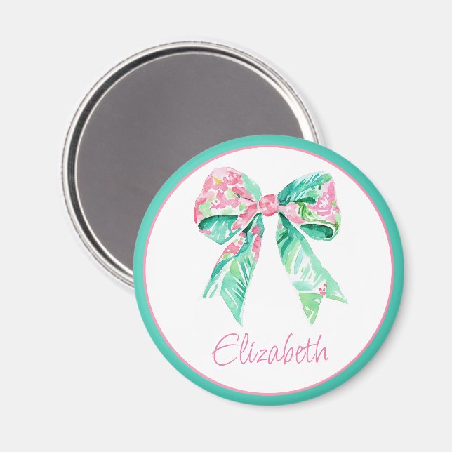 Personligen Preppy Rosa Blommigt Bow Magnet (Front/Back)