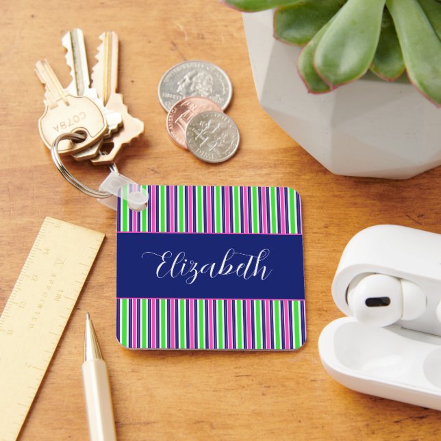 Personligen Preppy Rosa Grönt Navy Blue Rand Nyckelring (Skrivbord)