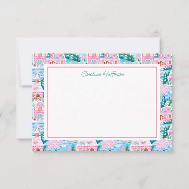 Personligen Preppy Rosa jul Village Tack Kort (Framsida)