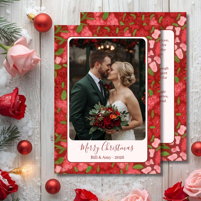 Personligen Red Blommigt Helgdag Photo Flat Card Julkort (Red Floral Holiday Photo Card)