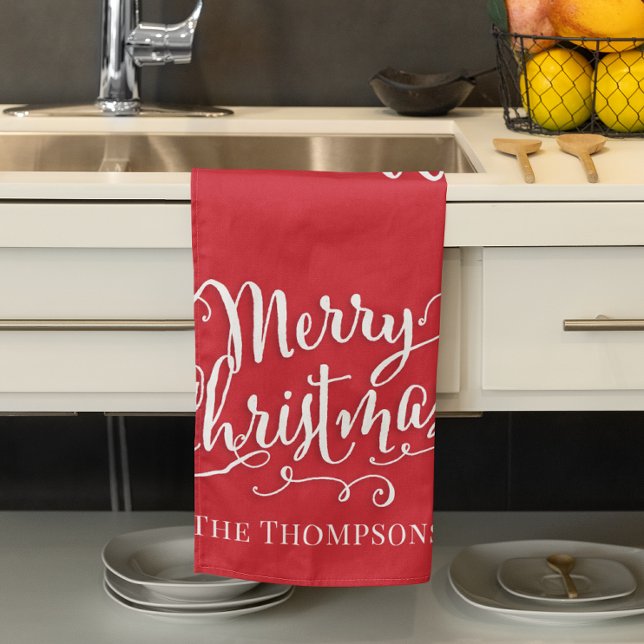 Personligen Red God jul Kökshandduk (Merry Christmas red and white custom kitchen towel. )