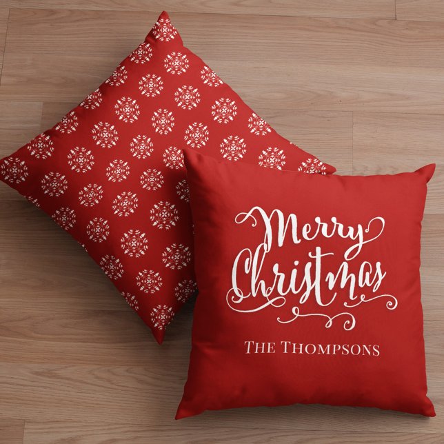 Personligen Red God jul Kudde (Merry Christmas holiday white calligraphy script holiday pattern throw pillow)