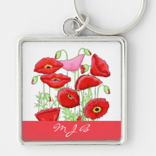 Personligen Red Rosa Poppies Art Anpassningsbar Mo Fyrkantig Silverfärgad Nyckelring