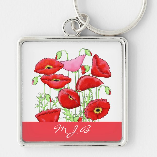 Personligen Red Rosa Poppies Art Anpassningsbar Mo Fyrkantig Silverfärgad Nyckelring (Framsidan)