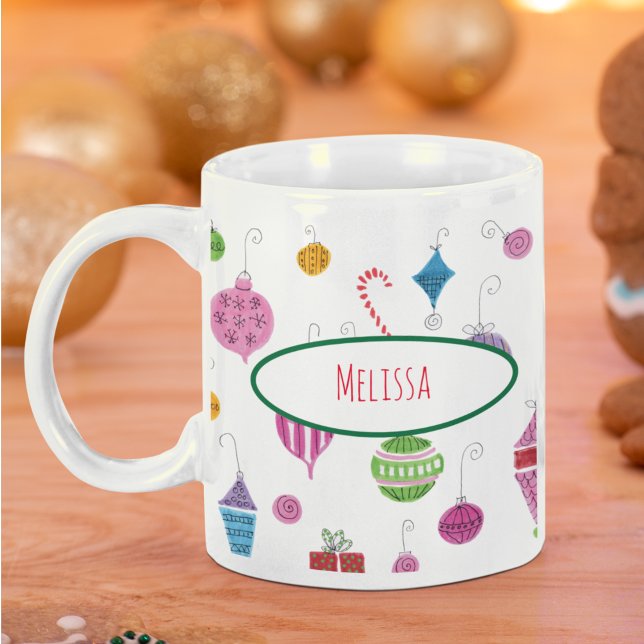 Personligen Retro Nostaltic jul Ornaments Kaffemugg (This nostalgic Christmas mug features my own unique hand-drawn holiday ornaments, in jewel tones.)