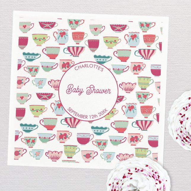 Personligen Retro Tea Party Baby Shower Pappersservett (Modern retro teacup baby shower tea party personalized paper napkins)