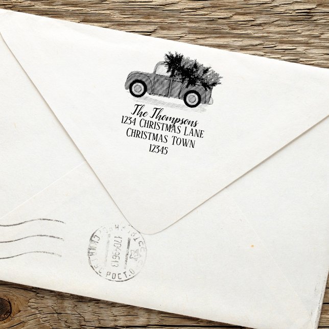 Personligen Returadressen Jul Red Lastbil Självfärgande Stämpel (Christmas holiday vintage red truck simple return address self inking stamp.)