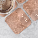 Personligen Ro Guld Glitter Underlägg Papper Kvadrat<br><div class="desc">Anpassa enkelt den här ro guld-borstat metall och den glamorösa faux glitter-mönstrade pappra underlägg med ert eget namn.</div>