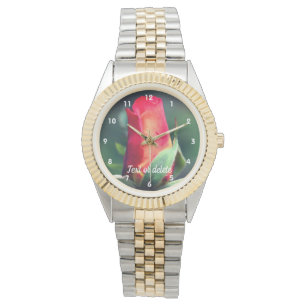Personligen Röd Rosenknopp Flower Gult Högdagrar Armbandsur