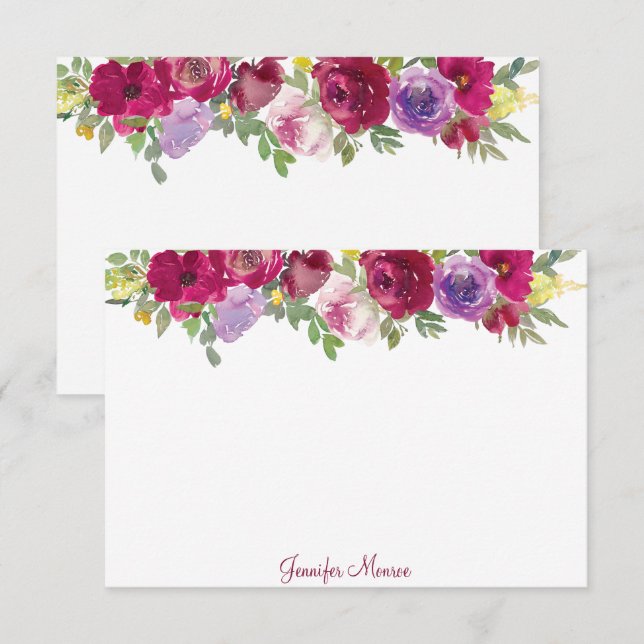 Personligen Röda och lila vattenfärgblommor Anteckningskort (Fram/baksida)