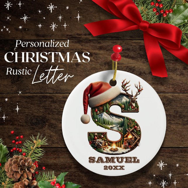 Personligen Rustic Brev S Festive Winter Scene Julgransprydnad Keramik (Skapare uppladdad)