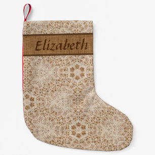 Personligen Rustic Burlap och Snöre Snowflake Liten Julstrumpa