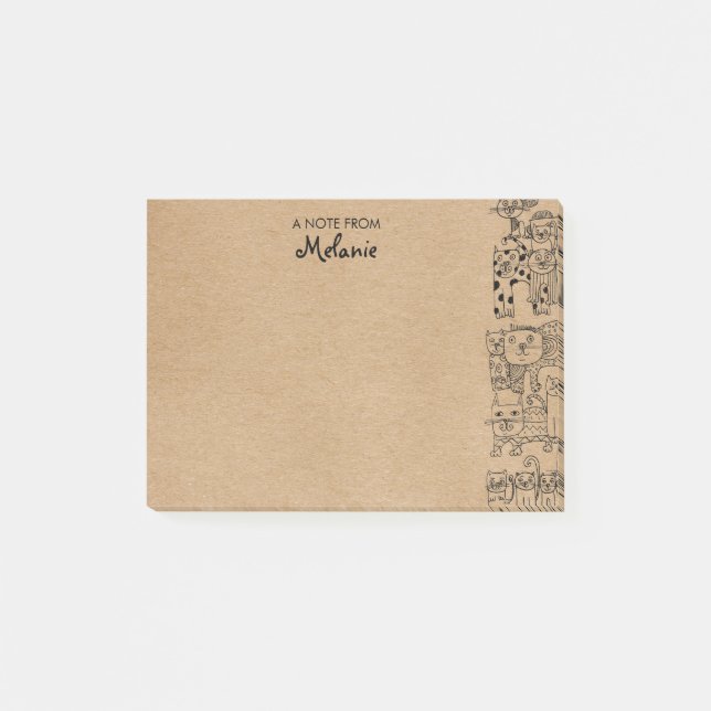 Personligen Rustic Kraft Cats Illustration Post-it Block (Framsida)