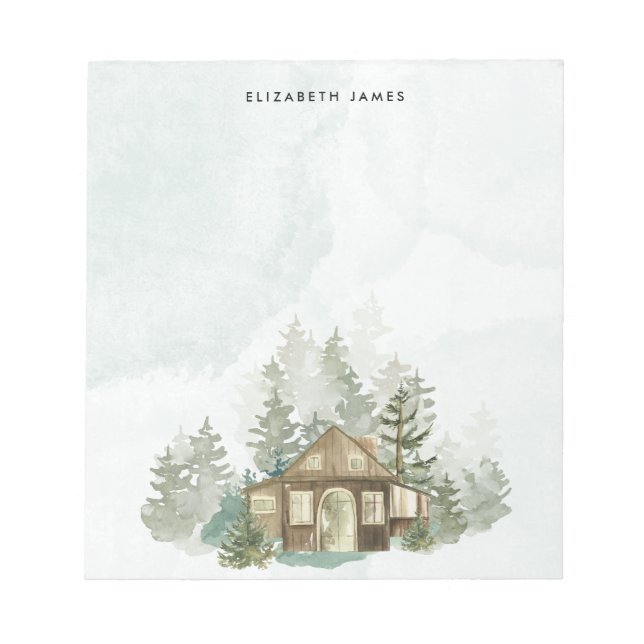Personligen Rustic Watercolor Cabin Grönt Forest Anteckningsblock (Framsida)
