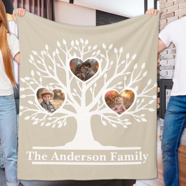 Personligen Rustic White 3 Photo Family Träd Fleecefilt (Rustic White 3 Photo Family Tree Personalized Fleece Blanket
)