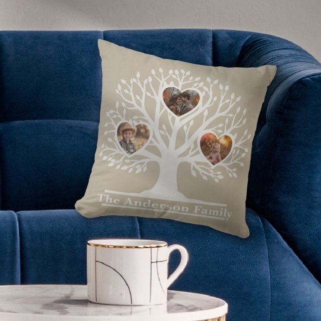 Personligen Rustic White 3 Photo Family Träd Kudde (Rustic White 3 Photo Family Tree Personalized Throw Pillow)