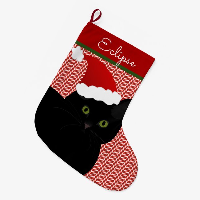 Personligen Santa Black Kort Hair Cat Grönt Öga Stor Julstrumpa (Framsidan (Hängande))