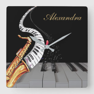 Personligen Saxophone Piano Music Luxury Fyrkantig Klocka