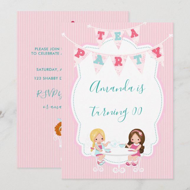 Personligen Shabby-Chic i Party i Birthday Tea Inbjudningar (Fram/baksida)