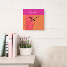 Personligen shock rosa och Orange Greenery Löv Fyrkantig Klocka