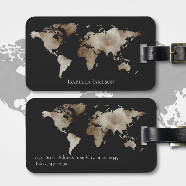 Personligen Silver Black Watercolor World Map Bagagebricka (Skapare uppladdad)