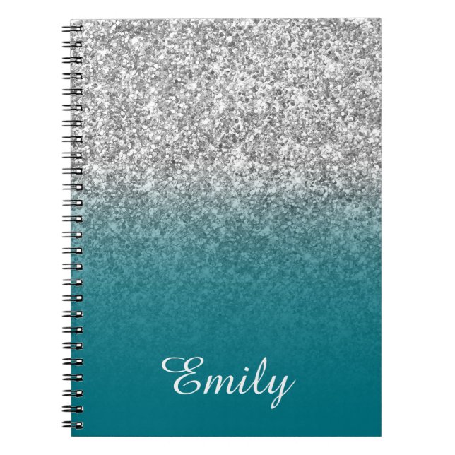 Personligen silver Glitter och Teal Ombre Anteckningsbok (Framsidan)