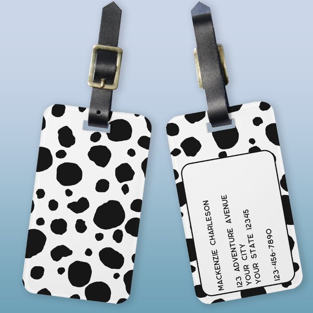 Personligen Skriv ut svart och vitt på roligten Bagagebricka (Fun cow hide pattern black and white personalized luggage tag)