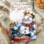 Personligen Snögubbe Baking jul Cookies Kökshandduk<br><div class="desc">Lägg till en gnutta fessionsjacka i ditt kök med den här personligen julhandduken med en fin bakkaka från snögubbe. Med en kock hatt och halsduk ger den här charmerande snögubbe helgdag glädje när man rör om en skål av kakelbatter. Anpassa handduken med ditt namn så att julgräddningen i extra blir...</div>