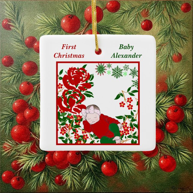 Personligen Spipande Baby första julkonst Julgransprydnad Keramik (Sleeping Baby's First Christmas Art Personalized Ceramic Ornament)