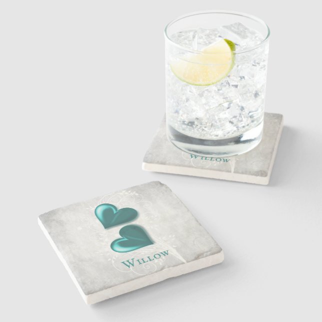 Personligen Stone Underlägg Teal Hearts (Sidan)