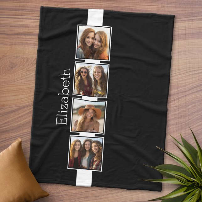 Personligen Svartvit fotokollage-kvadrater Fleecefilt (Personalized Fleece Blanket - Add Photos and Text)