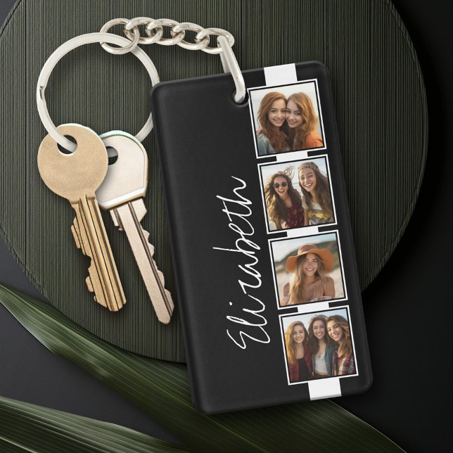 Personligen Svartvit fotokollage-kvadrater Nyckelring (Personalized Keychain - add a monogram or name)