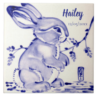 Personligen Sweet Blue & White Baby Bunny Tile Kakelplatta