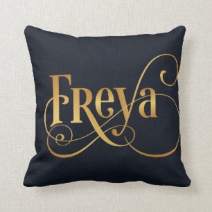 Personligen Swirly skrivar Freya guld på djupblå Kudde