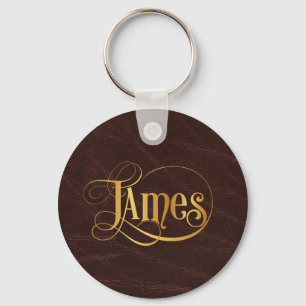 Personligen Swirly skrivar James guld på läder Nyckelring