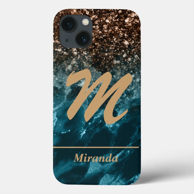 Personligen Teal Blue Agate glitter Monogram (Baksida)