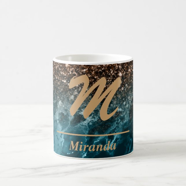 Personligen Teal Blue Agate glitter Monogram Kaffemugg (Center)