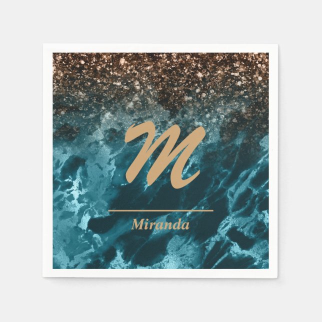Personligen Teal Blue Agate glitter Monogram Pappersservett (Framsidan)