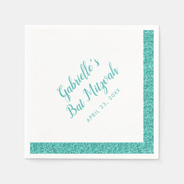 Personligen Teal Blue Glitter Rand Bat mitzvah Pappersservett (Framsidan)