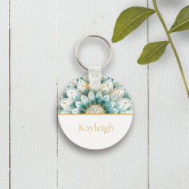 Personligen Teal Blue Guld Blommigt Mandala Nyckelring