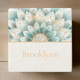 Personligen Teal Blue Guld Blommigt Mandala Stenunderlägg