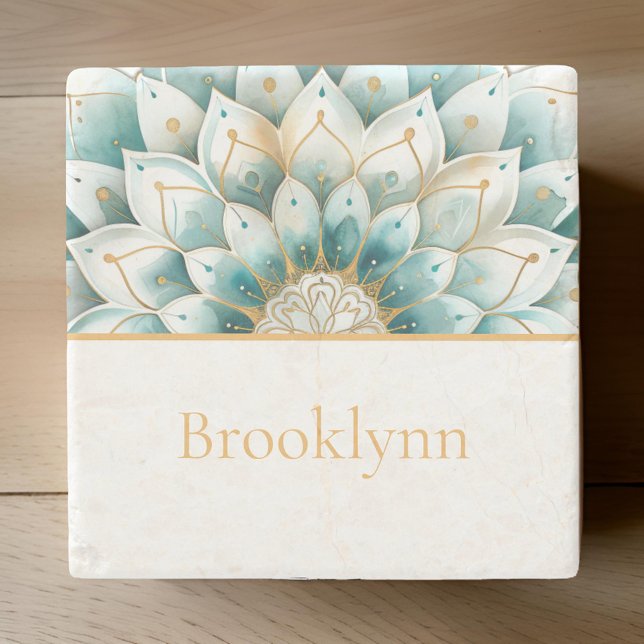 Personligen Teal Blue Guld Blommigt Mandala Stenunderlägg (Skapare uppladdad)