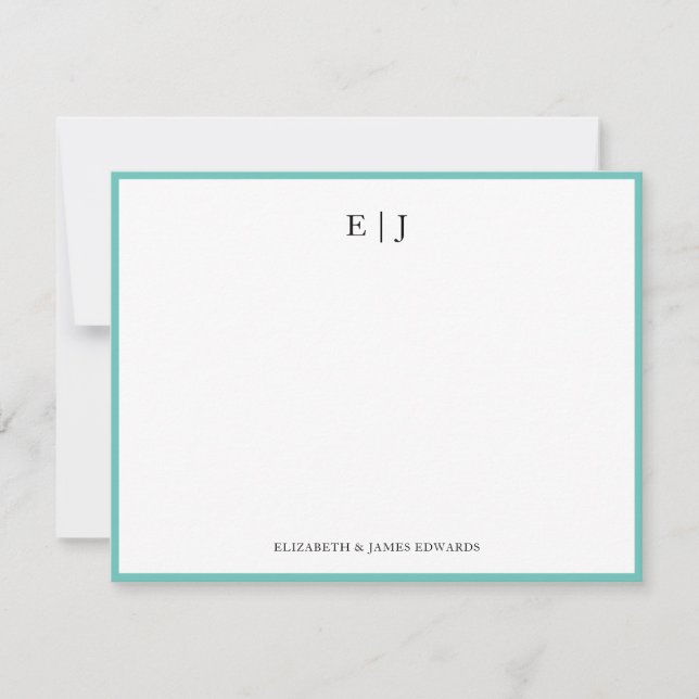 Personligen Teal Gräns par Monogram Initialer Anteckningskort (Framsida)