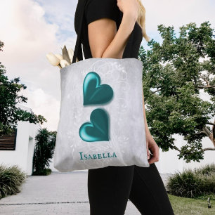 Personligen Teal Hearts Tote Bag Tygkasse