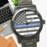 Personligen Thin Blue Line från polisens Pension Armbandsur<br><div class="desc">Fira och visa er uppskattning för en framstående polisman med denna Thin Blue Line Pension eller årsdag Pocket Watch - American flagga design in Police Flagga i en modern svart och blå design . Perfekt för tjänstekriser och Pension-gåvor från polisväsendet och pension från tillsatta lagar. Anpassa polisbevakningen i pension med...</div>